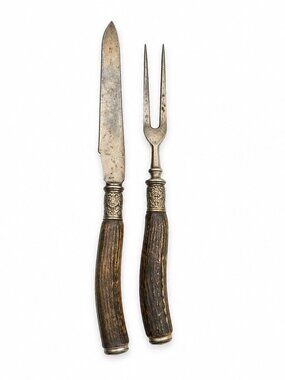 Vintage Stag Horn Style Handle Carving Knife Fork Set Ornate Metal Ferrules